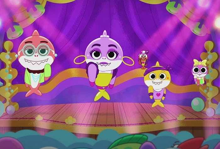 Cartoon shark versions of Offset, Cardi B, and Kulture dance alongside Baby Shark.