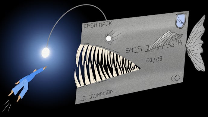 An illustration of a man reaching for a light of a large anglerfish underwater