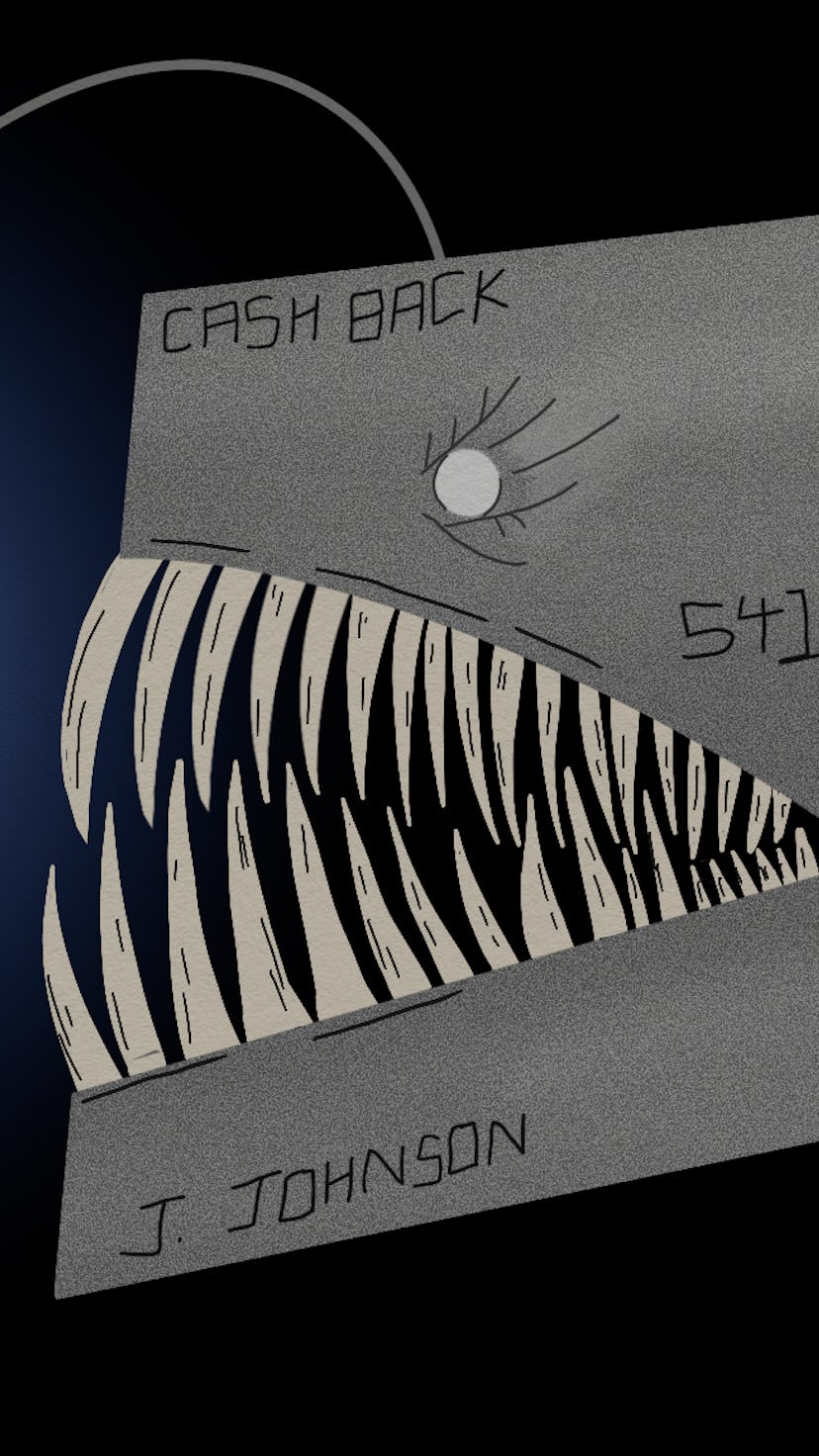 An illustration of a man reaching for a light of a large anglerfish underwater