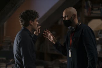 Oscar Isaac and director Mohamed Diab behind the scenes of Marvel Studios' MOON KNIGHT. 