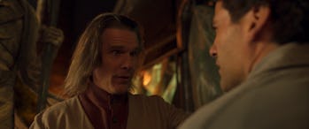 Ethan Hawke plays Arthur Harrow opposite Oscar Isaac’s Steven Grant and Marc Spector in Moon Knight.