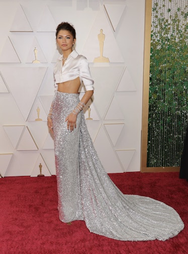 Zendaya on the red carpet wearing a white crop top shirt and a long silver sequined skirt at the 202...
