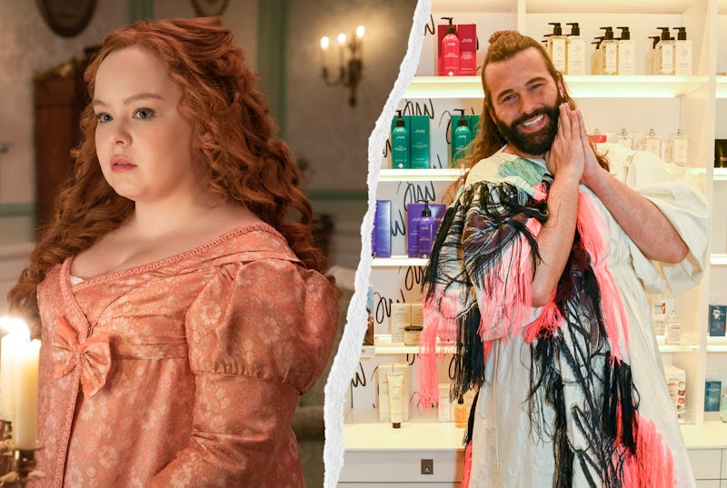 Nicola Coughlan and Jonathan Van Ness are 'Bridgerton' besties. Photos via Netflix & Getty Images