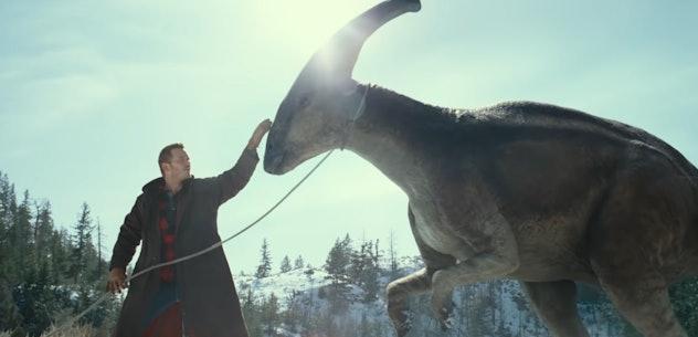 Chris Pratt and a parasaurolophus