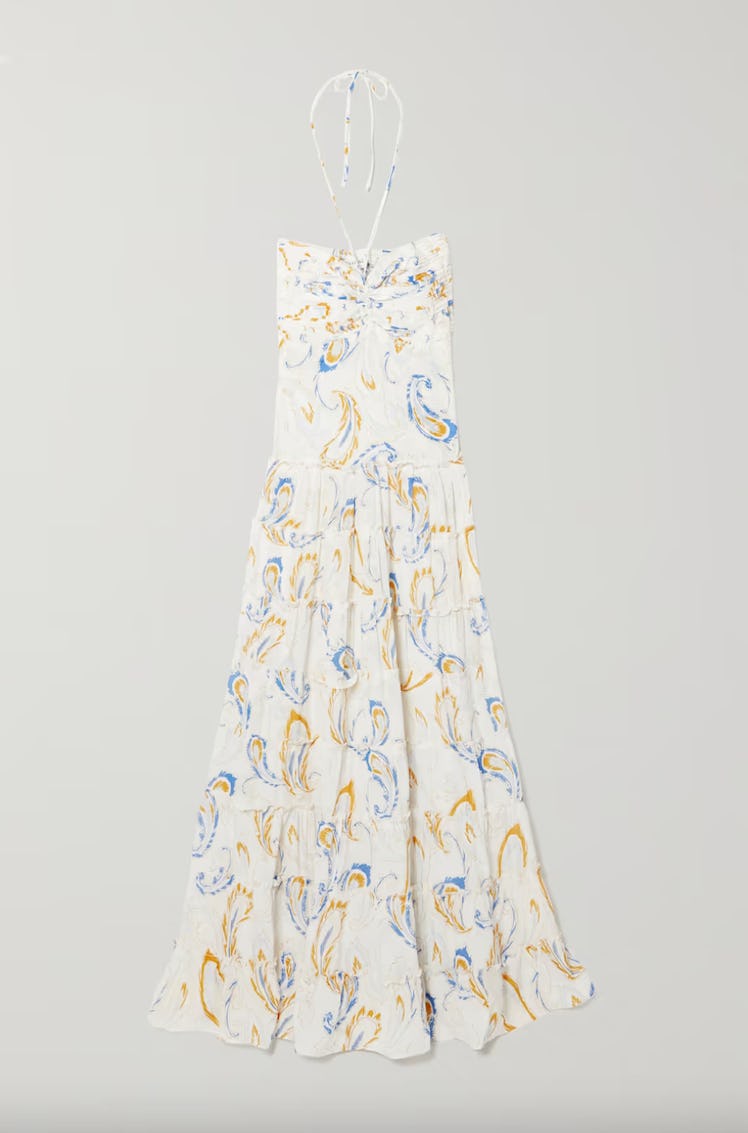 maxi trend 2022 white paisley print silk halter maxi dress