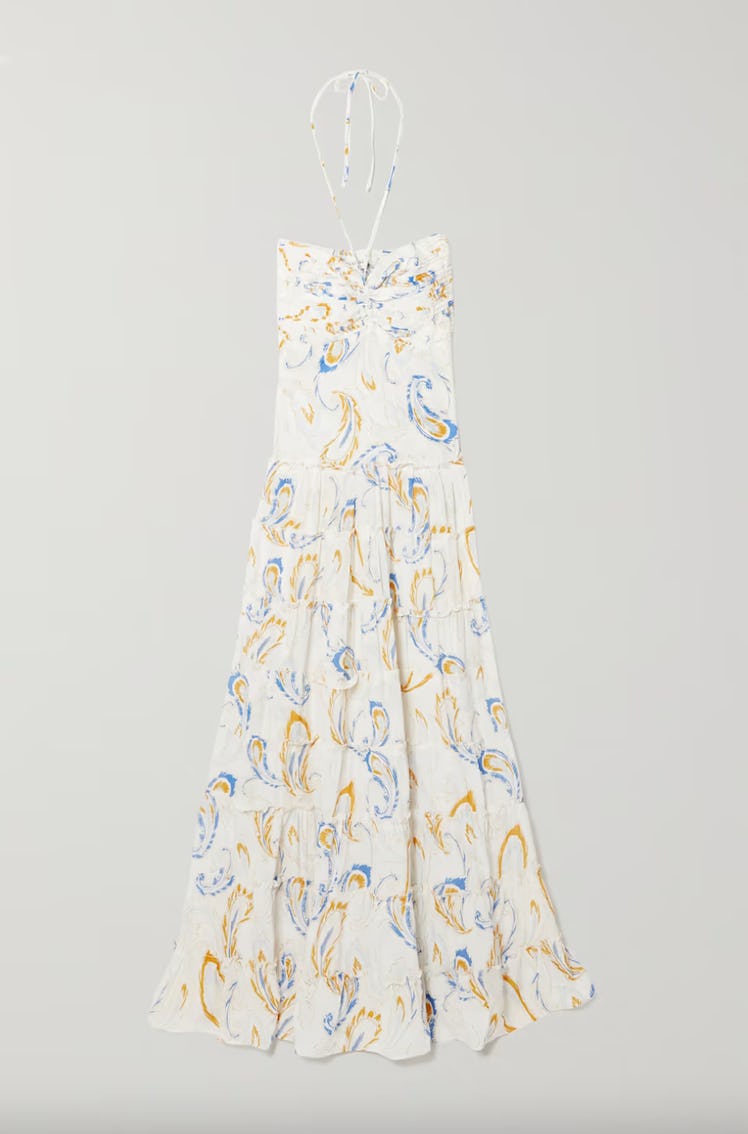 maxi trend 2022 white paisley print silk halter maxi dress