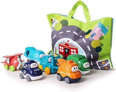 Product photo, bag of toy cars, toys for 18 month olds
