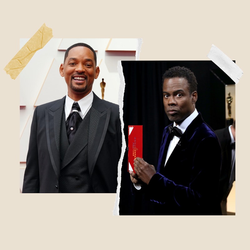 Will smith in a suit pictured next to Chris Rock in a suit holding a red envelope