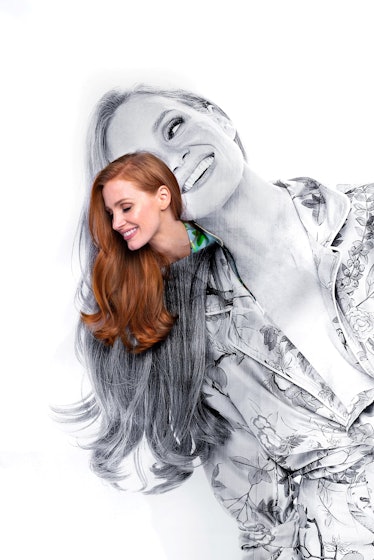 Jessica Chastain peeking out from an image of herself in a photo by JR