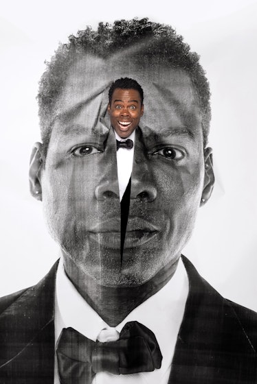 Chris Rock peeking out from an image of his face in a photo by JR