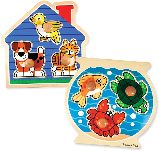 Product photo; two toddler wooden puzzles
