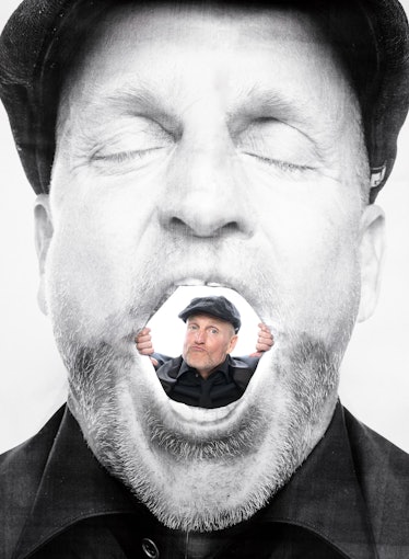 Woody Harrelson peeking out from an image of his face in a photo by JR
