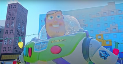 The Tokyo Disney Resort Toy Story Hotel has a giant Buzz Lightyear out front. 