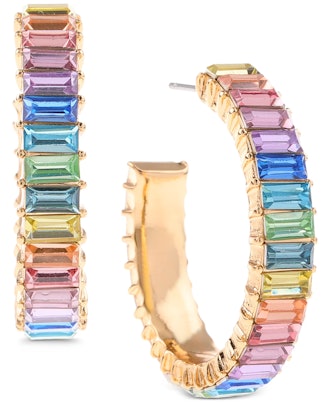 Gold-Tone Medium Rainbow Baguette-Stone C-Hoop Earrings, 1.23",