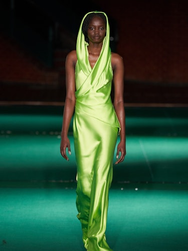 A lime green satin dress from Halpern