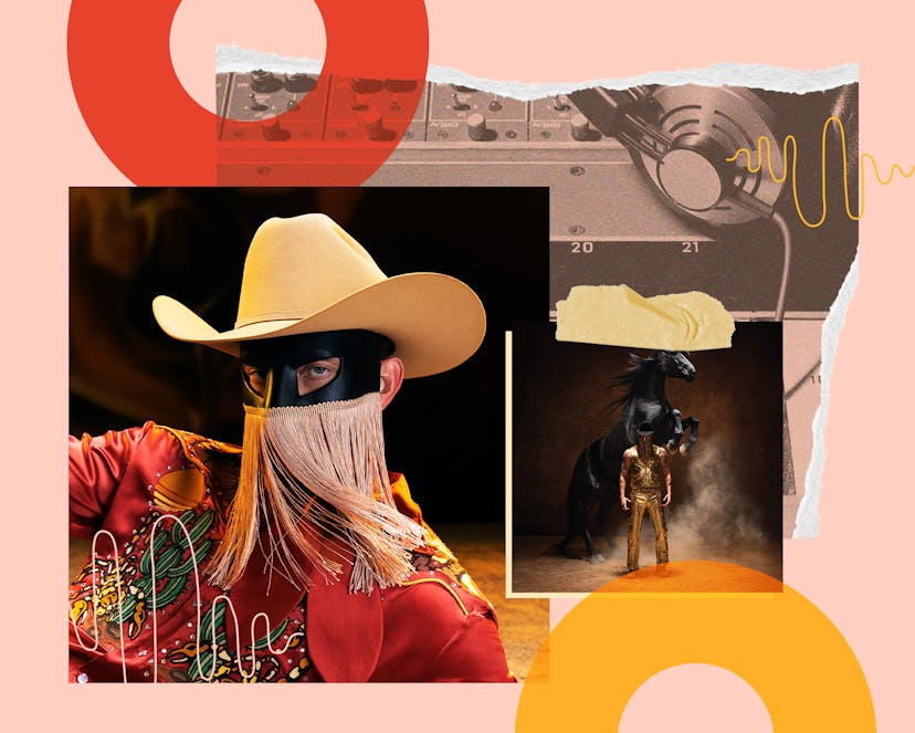 Orville Peck, a South African country musician wearing a fringed mask covering his identity and a co...