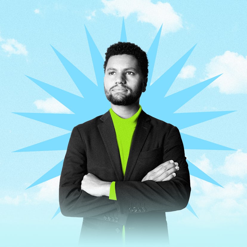Maxwell Frost, Gen Z candidate for Congress, stands with arms folded over a stylized blue background...