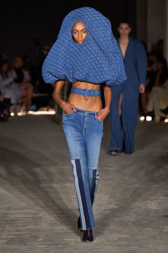 an all-denim hooded look from Christian Siriano