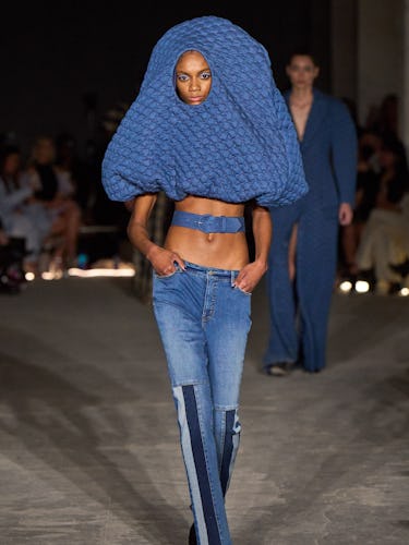 an all-denim hooded look from Christian Siriano
