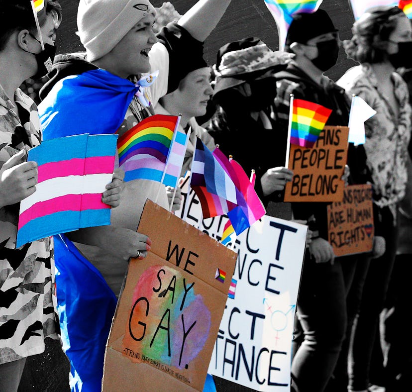 Teenagers holding LGBTQ+ pride flags, trans flags, and signs reading "Say Gay" protest Florida's "Do...