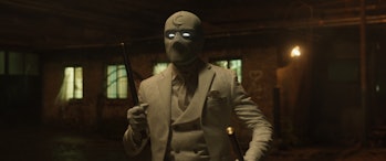 Steven Grant wearing Mr. Knight costume in Moon Knight