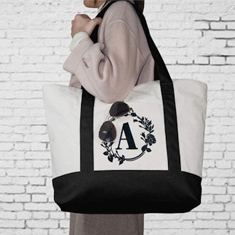 TOPDesign Embroidered Initial Canvas Tote Bag