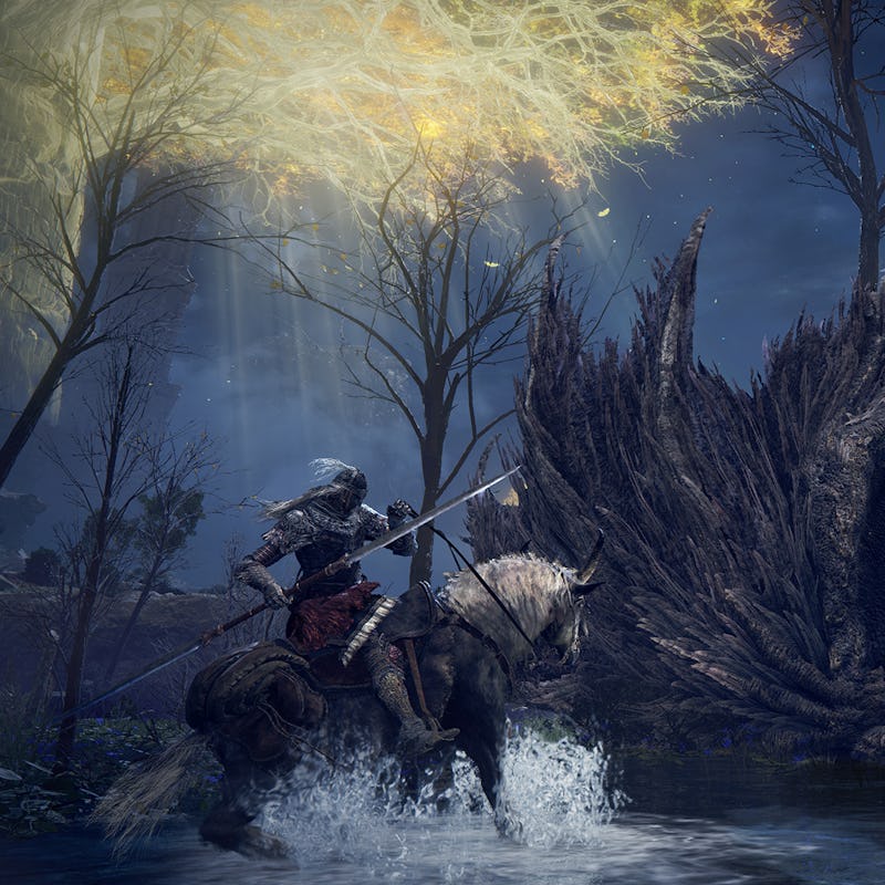 screenshot from Elden Ring of the main character with a spear on a horse