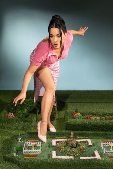 Katy Perry exploring a fake grassy landscape in shoes by KPC