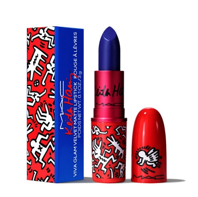 MAC Cosmetics x Keith Haring Lipstick in Canal Blue, featuring limited-edition packaging and bold pi...