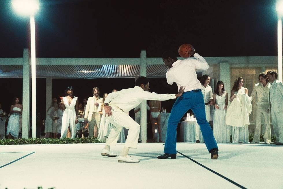 DeVaughn Nixon as Norm Nixon and Quincy Isaiah as Magic Johnson playing basketball in &lsquo;Winning Time&rsquo;