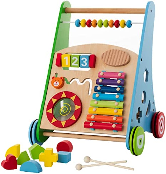 This wooden push walker has lots of activities attached for baby to play with.