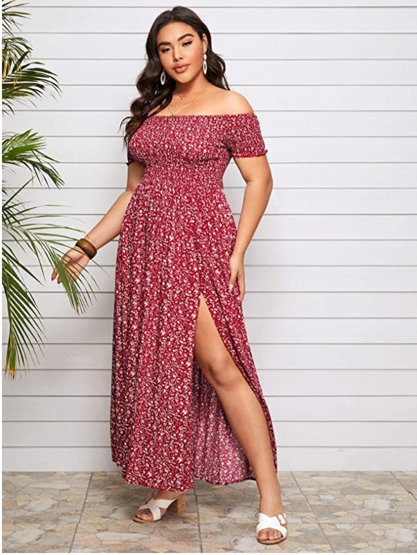 Floerns Off Shoulder Split Long A Line Dress