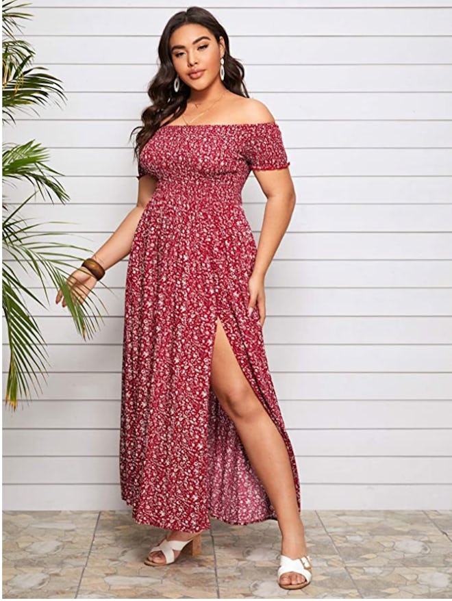 Floerns Off Shoulder Split Long A Line Dress