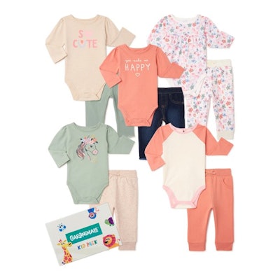 Several baby onesies and pants in coordinating colors 