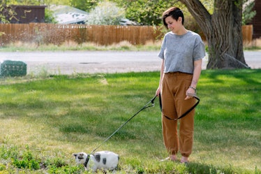 Teen walking cat on leash
