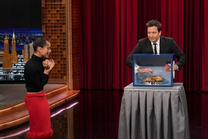 THE TONIGHT SHOW STARRING JIMMY FALLON -- Episode 1606 -- Pictured: (l-r) Actress Zoë Kravitz and ho...