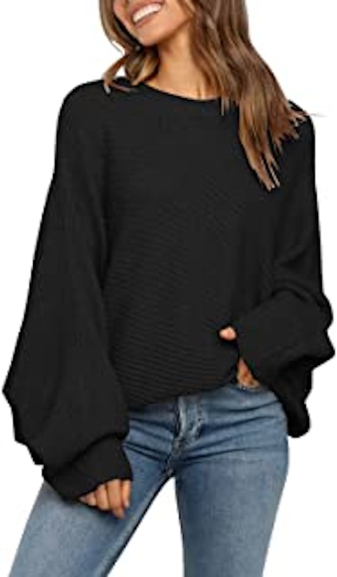 Mafulus Women's Oversized Crewneck Sweater Batwing Puff Long Sleeve Cable Slouchy Pullover