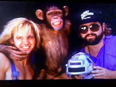 Jeff Fahey, a chimp and Brett Leonard at the set of The Lawnmower Man movie