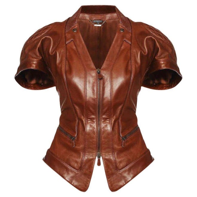 Alexander McQueen brown leather jacket.
