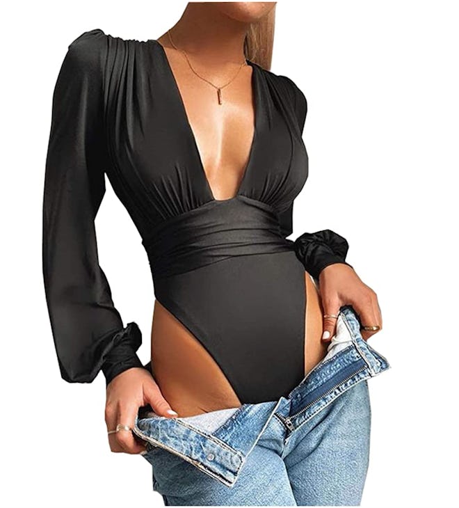 Weigou Women's Long Sleeve V-Neck Pleated Bodysuit