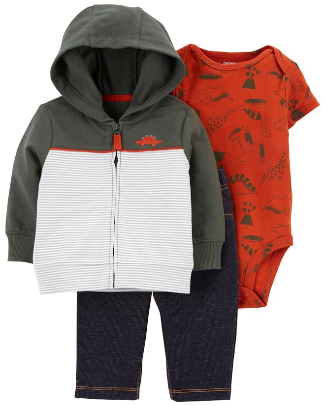 Three piece baby outfit with dino print