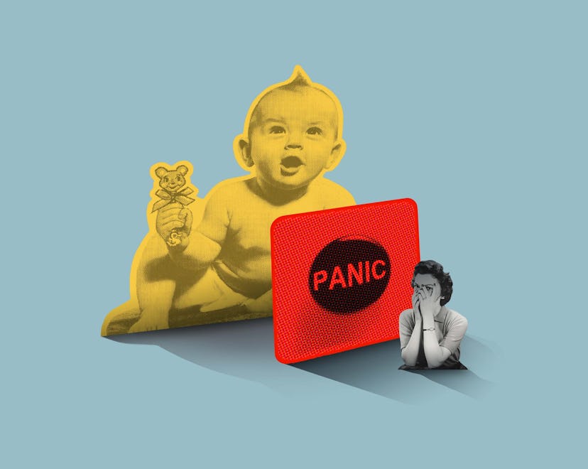 A woman hides from a giant baby behind a sign that says "PANIC"