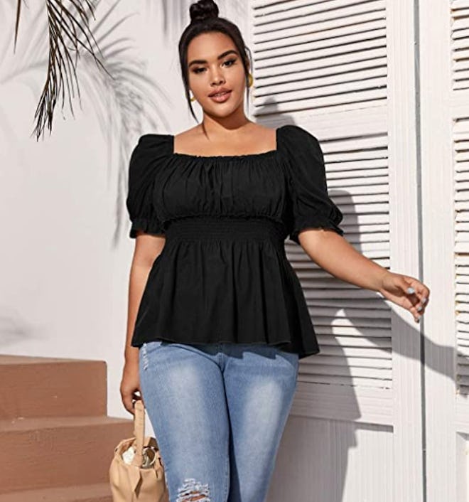 MakeMeChic Puff Sleeve Peplum Blouse