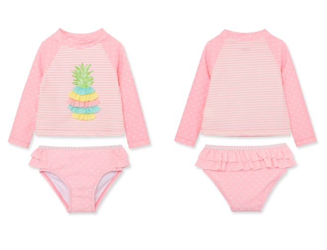 Front and back view of kids two-piece bathing suit with rash guard
