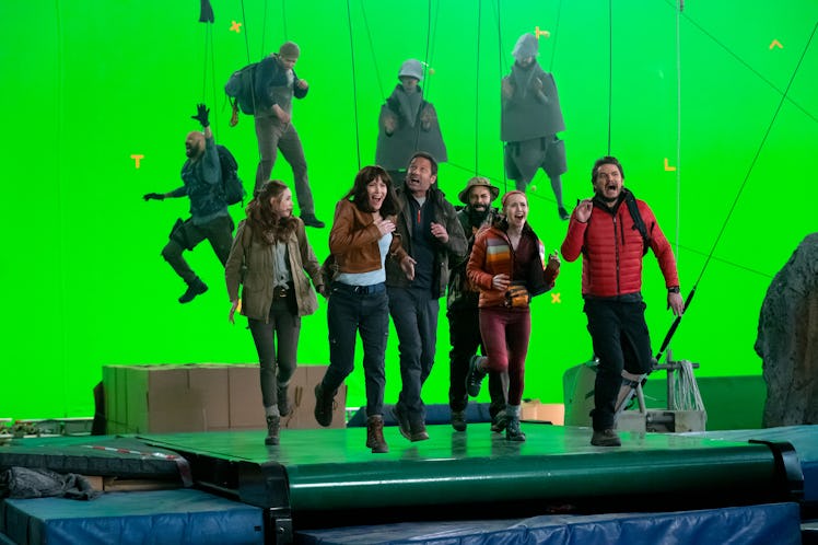 The Bubble behind the scenes set with greenscreen with the cast