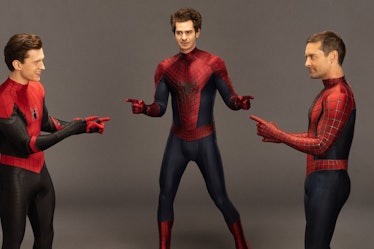 Tobey Maguire, Andrew Garfield and Tom Holland in Spider-Man costumes re-enacting  popular meme