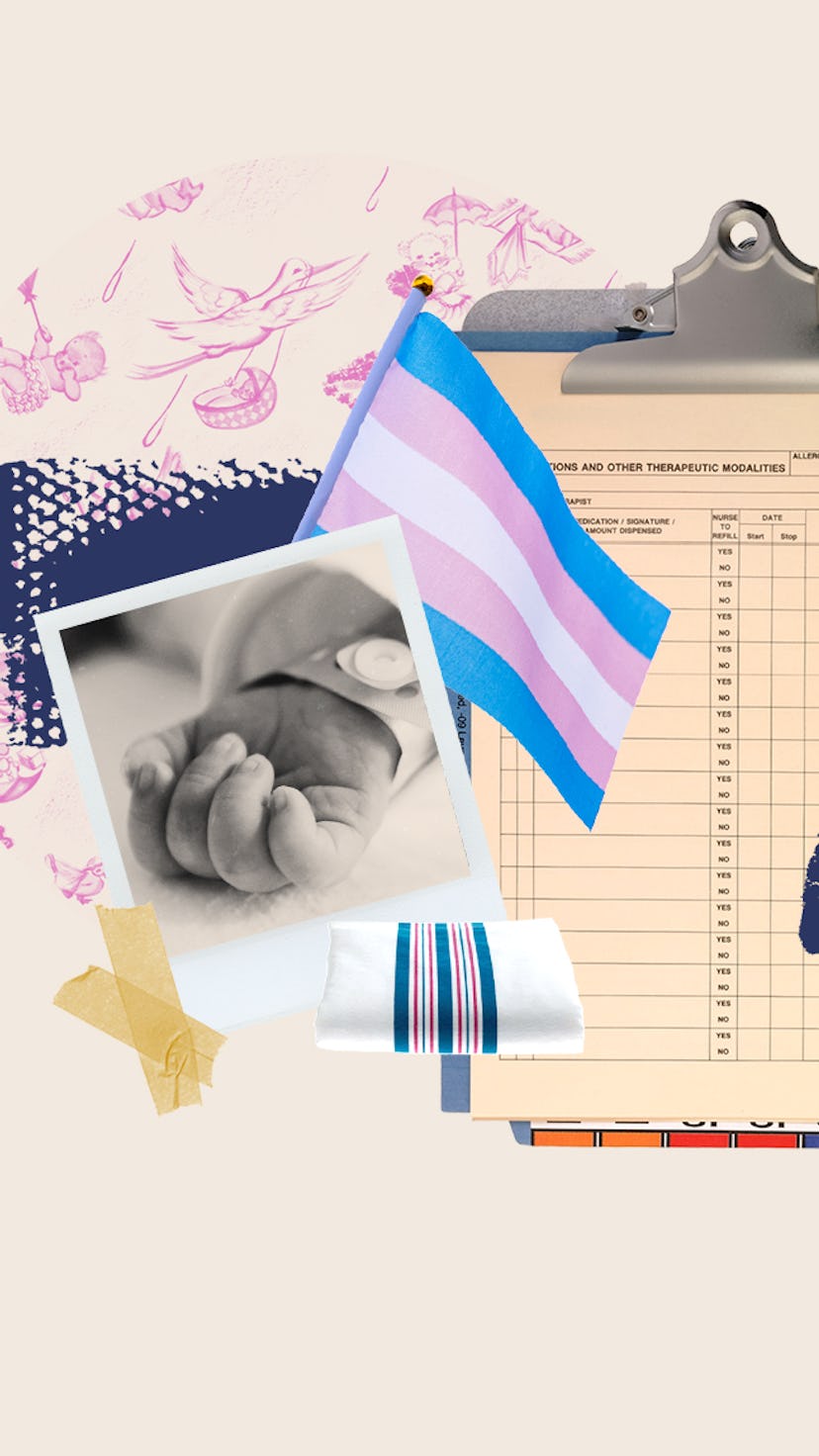 Collage of a hand of a newborn baby and a transgender blue, pink, and white flag