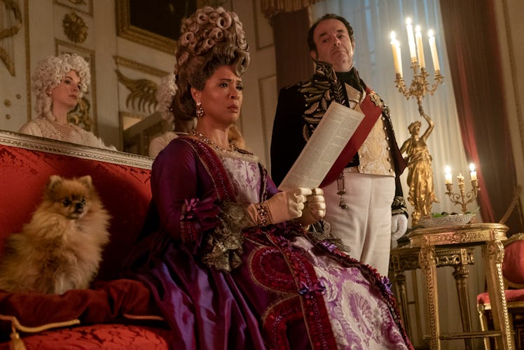 Golda Rosheuvel as Queen Charlotte, Hugh Sachs as Brimsley in episode 207 of Bridgerton.