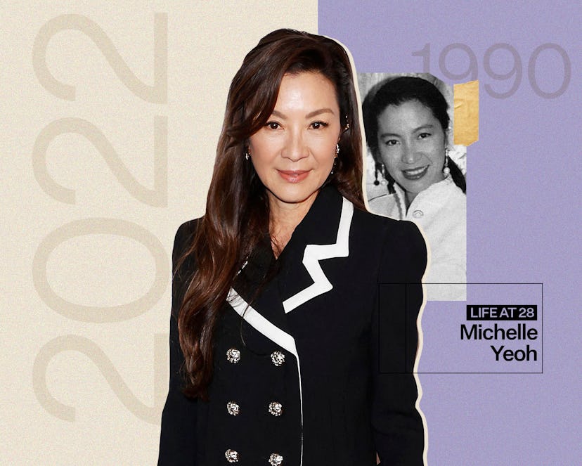 A collage of Michelle Yeoh now and a black and white photo of her in the background