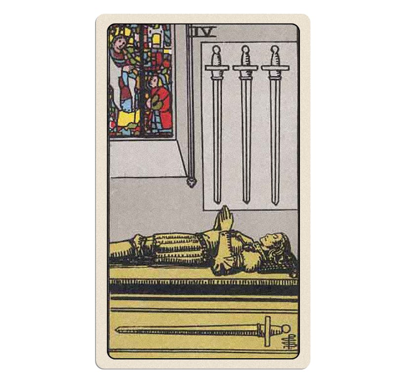 The Four of Swords in tarot symbolizes a call to rest.